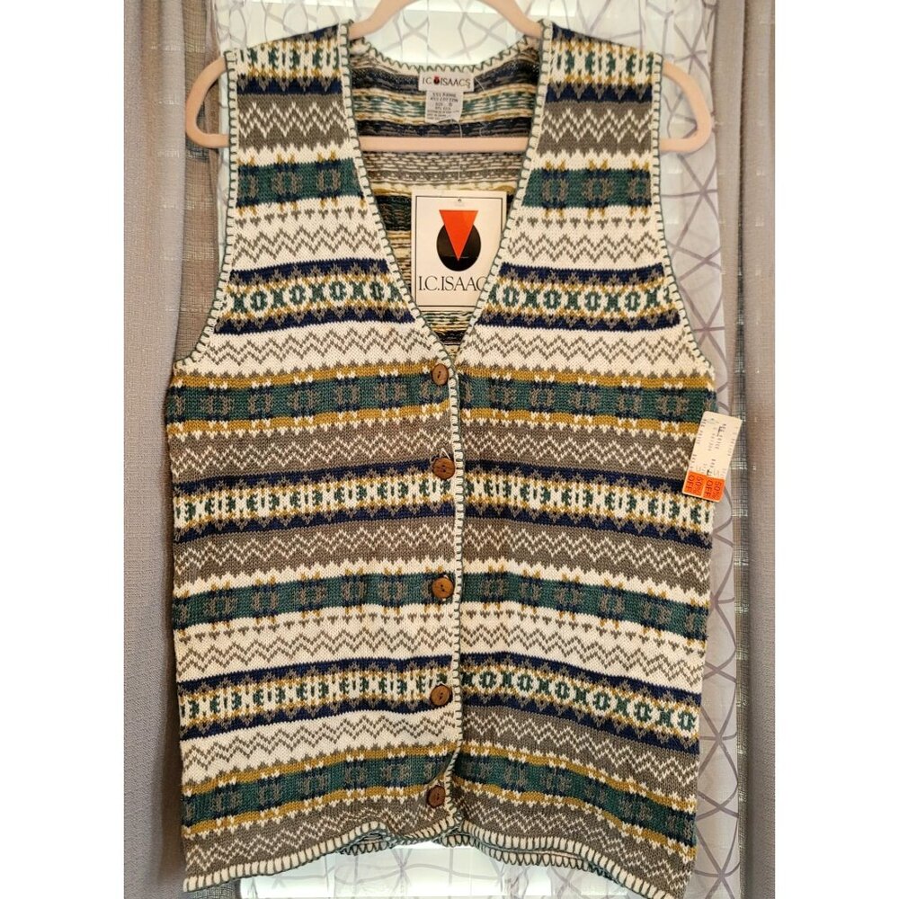 90s I.C. Isaacs Fair Isle Sweater Vest S Cream Cabincore Layers Winter Nordic